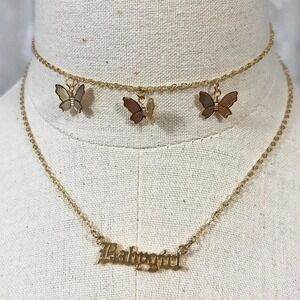 Gold Chocker Necklace Butterfly‎ Charms "Babygirl" Layered Jewelry Womens